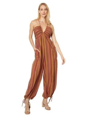 Free People Striped Halter Jumpsuit in Rust and Pink Multi